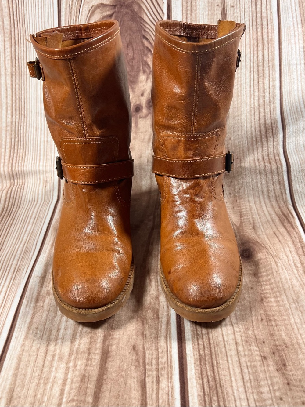 Michael Kors Women's Tan Leather Mid-Calf Buckle Boots